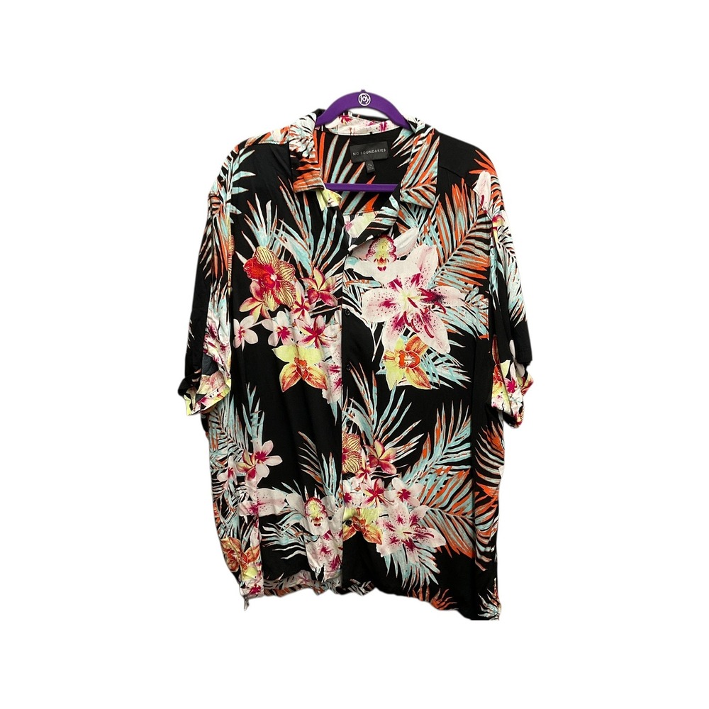 No Boundaries Mens 3XL Tropical Floral‎ Short Sleeve Button Up Shirt Black